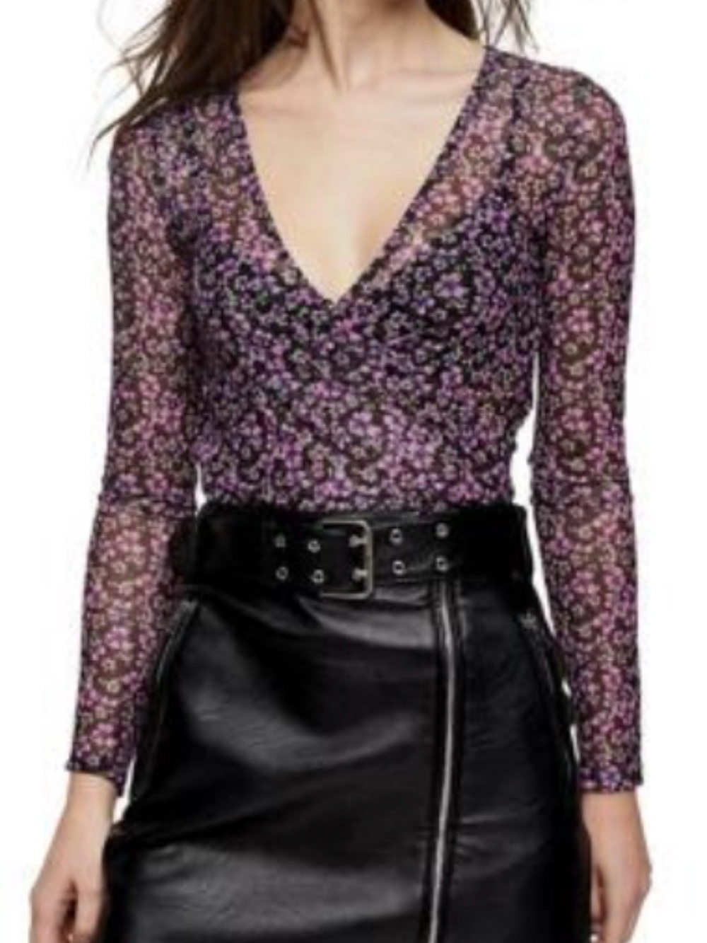 Topshop Purple Floral V-Neck Long Sleeve Crop Top